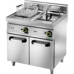 Friggitrice elettrica in acciaio inox con rubinetto e cestello grande. 23 kW - 400V 3PH - capacità 18+18 Lt