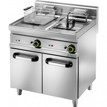 Friggitrice elettrica in acciaio inox con rubinetto e cestello grande. 23 kW - 400V 3PH - capacità 18+18 Lt