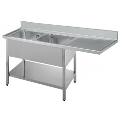 Lavello inox per lavastoviglie - 2 vasche con gocciolatoio a sbalzo destro e ripiano inferiore - PROF. 60 cm