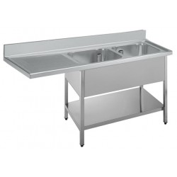 Lavello inox per lavastoviglie - 2 vasche con gocciolatoio a sbalzo sinistro e ripiano inferiore - PROF. 60 cm